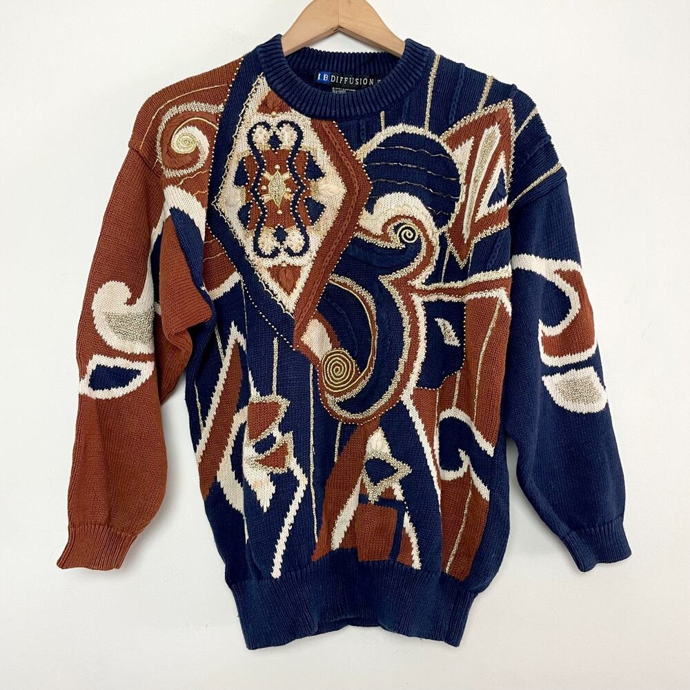 Vintage 90s 3D Knit Abstract Art-To-Wear Beaded Embroidered Avant-Garde‎ Sweater